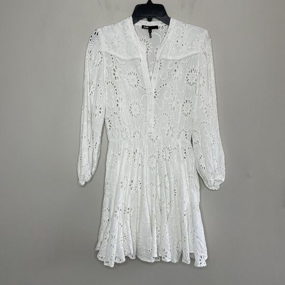 MAJE Rapala Dress Women 40 Large Eyelet Mini A-Line White Lined Pockets Viscose - Picture 2 of 16
